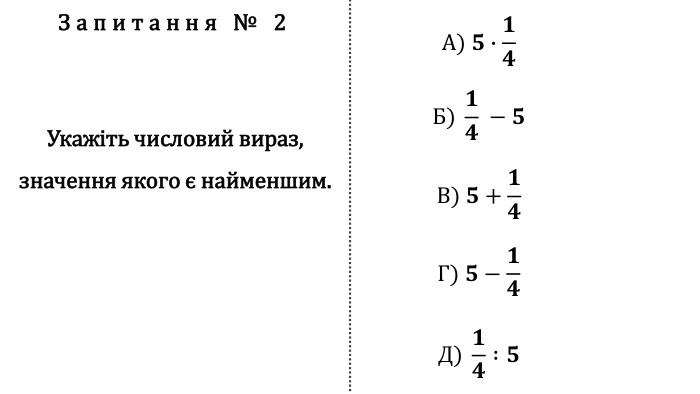 Запитання № 2 Укажіть числовий вираз, значення якого є найменшим. А) 𝟓∙𝟏𝟒 Б) 𝟏𝟒 −𝟓 В) 𝟓+𝟏𝟒 Г) 𝟓−𝟏𝟒 Д) 𝟏𝟒 :𝟓 fillcolorfill.typefill.onfillcolorfill.typefill.onfillcolorfill.typefill.onfillcolorfill.typefill.onfillcolorfill.typefill.on