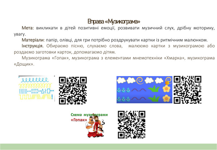 Вправа «Музикограма» Мета: викликати в дітей позитивні емоції, розвивати музичний слух, дрібну моторику, увагу. Матеріали: папір, олівці, для гри потрібно роздрукувати картки із ритмічним малюнком.Інструкція. Обираємо пісню, слухаємо слова, малюємо картки з музикограмою або роздаємо заготовки карток, допомагаємо дітям. Музикограма «Гопак», музикограма з елементами мнемотехніки «Хмарка», музикограма «Дощик».