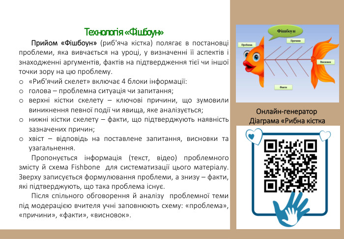Технологія «Фішбоун»Прийом «Фішбоун» (риб'яча кістка) полягає в постановці проблеми, яка вивчається на уроці, у визначенні її аспектів і знаходженні аргументів, фактів на підтвердження тієї чи іншої точки зору на цю проблему.«Риб'ячий скелет» включає 4 блоки інформації:голова – проблемна ситуація чи запитання;верхні кістки скелету – ключові причини, що зумовили виникнення певної події чи явища, яке аналізується;нижні кістки скелету – факти, що підтверджують наявність зазначених причин;хвіст – відповідь на поставлене запитання, висновки та узагальнення. Пропонується інформація (текст, відео) проблемного змісту й схема Fishbone для систематизації цього матеріалу. Зверху записується формулювання проблеми, а знизу – факти, які підтверджують, що така проблема існує. Після спільного обговорення й аналізу проблемної теми під модерацією вчителя учні заповнюють схему: «проблема», «причини», «факти», «висновок». Онлайн-генератор Діаграма «Рибна кістка