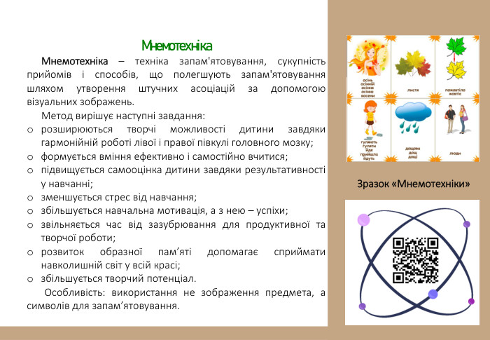Мнемотехніка Мнемотехніка – техніка запам'ятовування, сукупність прийомів і способів, що полегшують запам'ятовування шляхом утворення штучних асоціацій за допомогою візуальних зображень. Метод вирішує наступні завдання:розширюються творчі можливості дитини завдяки гармонійній роботі лівої і правої півкулі головного мозку; формується вміння ефективно і самостійно вчитися;підвищується самооцінка дитини завдяки результативності у навчанні; зменшується стрес від навчання; збільшується навчальна мотивація, а з нею – успіхи;звільняється час від зазубрювання для продуктивної та творчої роботи;розвиток образної пам’яті допомагає сприймати навколишній світ у всій красі;збільшується творчий потенціал. Особливість: використання не зображення предмета, а символів для запам’ятовування. Зразок «Мнемотехніки» 