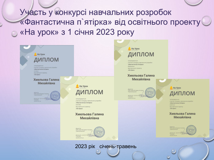  2023 рік січень-травень. Участь у конкурсі навчальних розробок «Фантастична п`ятірка» від освітнього проекту «На урок» з 1 січня 2023 року