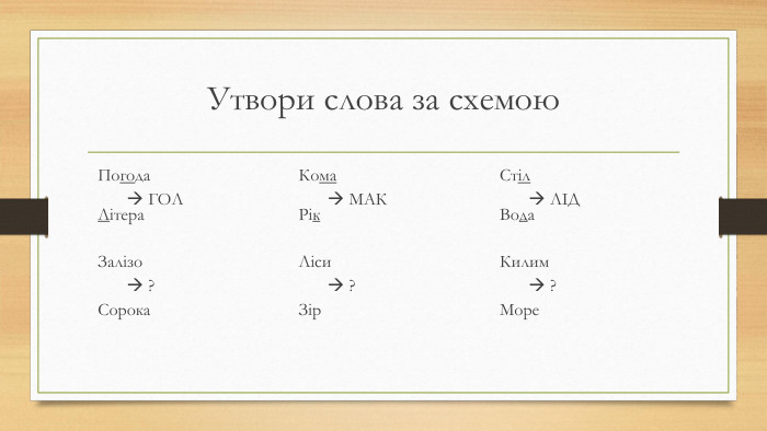 Утвори слова за схемою. Погода	 ГОЛЛітера. Залізо	 ?Сорока. Кома	 МАКРік. Ліси	 ?Зір. Стіл	 ЛІДВода. Килим	 ?Море