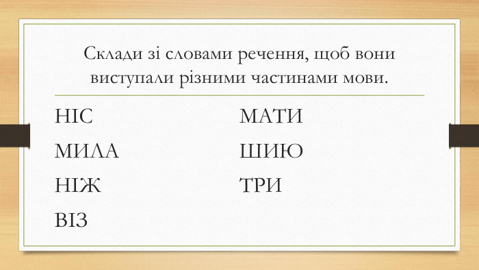 Склади зі словами речення, щоб вони виступали різними частинами мови. НІСМИЛАНІЖВІЗМАТИШИЮТРИ