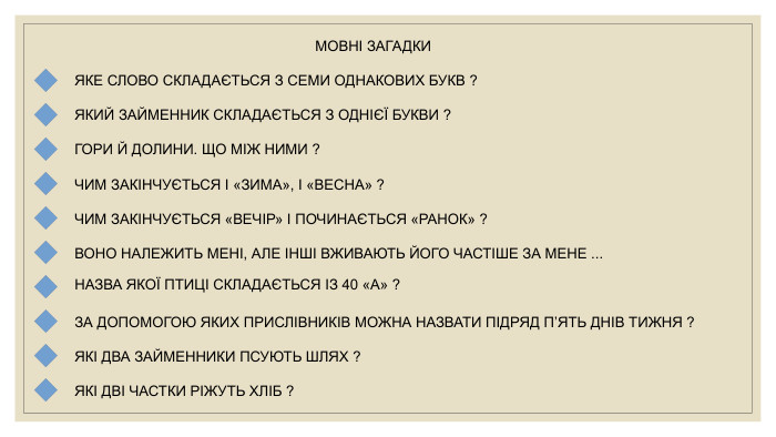 МОВНІ ЗАГАДКИЯКЕ СЛОВО СКЛАДАЄТЬСЯ З СЕМИ ОДНАКОВИХ БУКВ ?ЯКИЙ ЗАЙМЕННИК СКЛАДАЄТЬСЯ З ОДНІЄЇ БУКВИ ?ГОРИ Й ДОЛИНИ. ЩО МІЖ НИМИ ?ЧИМ ЗАКІНЧУЄТЬСЯ І «ЗИМА», І «ВЕСНА» ?ЧИМ ЗАКІНЧУЄТЬСЯ «ВЕЧІР» І ПОЧИНАЄТЬСЯ «РАНОК» ?ВОНО НАЛЕЖИТЬ МЕНІ, АЛЕ ІНШІ ВЖИВАЮТЬ ЙОГО ЧАСТІШЕ ЗА МЕНЕ ... НАЗВА ЯКОЇ ПТИЦІ СКЛАДАЄТЬСЯ ІЗ 40 «А» ?ЗА ДОПОМОГОЮ ЯКИХ ПРИСЛІВНИКІВ МОЖНА НАЗВАТИ ПІДРЯД П’ЯТЬ ДНІВ ТИЖНЯ ?ЯКІ ДВА ЗАЙМЕННИКИ ПСУЮТЬ ШЛЯХ ?ЯКІ ДВІ ЧАСТКИ РІЖУТЬ ХЛІБ ?