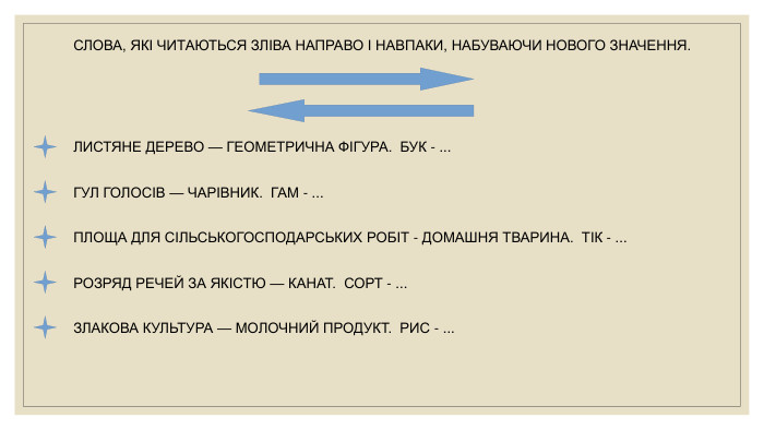 СЛОВА, ЯКІ ЧИТАЮТЬСЯ ЗЛІВА НАПРАВО І НАВПАКИ, НАБУВАЮЧИ НОВОГО ЗНАЧЕННЯ. ЛИСТЯНЕ ДЕРЕВО — ГЕОМЕТРИЧНА ФІГУРА. БУК - ... ГУЛ ГОЛОСІВ — ЧАРІВНИК. ГАМ - ... ПЛОЩА ДЛЯ СІЛЬСЬКОГОСПОДАРСЬКИХ РОБІТ - ДОМАШНЯ ТВАРИНА. ТІК - ... РОЗРЯД РЕЧЕЙ ЗА ЯКІСТЮ — КАНАТ. СОРТ - ... ЗЛАКОВА КУЛЬТУРА — МОЛОЧНИЙ ПРОДУКТ. РИС - ...