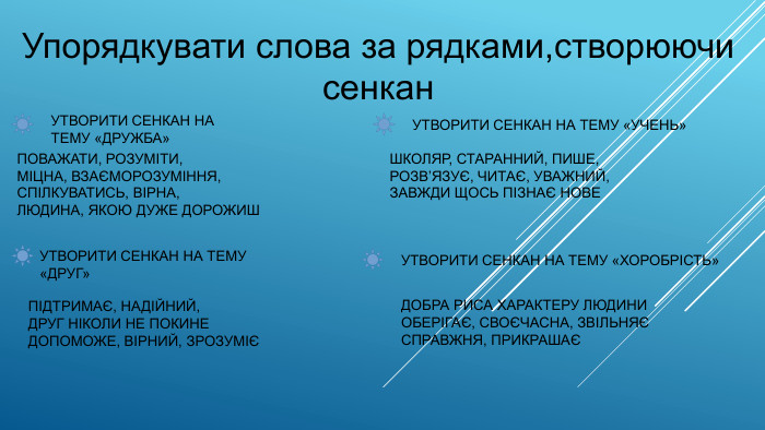  Упорядкувати слова за рядками,створюючи сенкан. УТВОРИТИ СЕНКАН НА ТЕМУ «ДРУЖБА»ПОВАЖАТИ, РОЗУМІТИ,МІЦНА, ВЗАЄМОРОЗУМІННЯ,СПІЛКУВАТИСЬ, ВІРНА,ЛЮДИНА, ЯКОЮ ДУЖЕ ДОРОЖИШУТВОРИТИ СЕНКАН НА ТЕМУ «УЧЕНЬ»ШКОЛЯР, СТАРАННИЙ, ПИШЕ, РОЗВ’ЯЗУЄ, ЧИТАЄ, УВАЖНИЙ,ЗАВЖДИ ЩОСЬ ПІЗНАЄ НОВЕУТВОРИТИ СЕНКАН НА ТЕМУ «ДРУГ»ПІДТРИМАЄ, НАДІЙНИЙ, ДРУГ НІКОЛИ НЕ ПОКИНЕДОПОМОЖЕ, ВІРНИЙ, ЗРОЗУМІЄУТВОРИТИ СЕНКАН НА ТЕМУ «ХОРОБРІСТЬ»ДОБРА РИСА ХАРАКТЕРУ ЛЮДИНИОБЕРІГАЄ, СВОЄЧАСНА, ЗВІЛЬНЯЄСПРАВЖНЯ, ПРИКРАШАЄ
