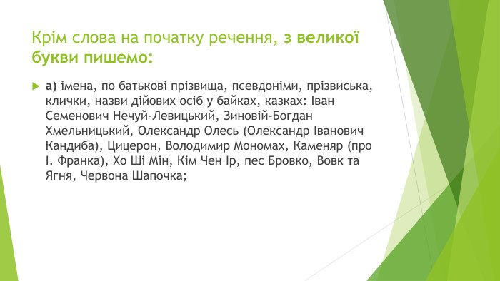 Крім слова на початку речення, з великої букви пишемо:а) імена, по батькові прізвища, псевдоніми, прізвиська, клички, назви дійових осіб у байках, казках: Іван Семенович Нечуй-Левицький, Зиновій-Богдан Хмельницький, Олександр Олесь (Олександр Іванович Кандиба), Цицерон, Володимир Мономах, Каменяр (про І. Франка), Хо Ші Мін, Кім Чен Ір, пес Бровко, Вовк та Ягня, Червона Шапочка;