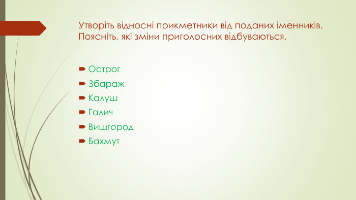 Утворіть відносні прикметники від поданих іменників. Поясніть, які зміни приголосних відбуваються. Острог. Збараж. Калуш. Галич. Вишгород. Бахмут