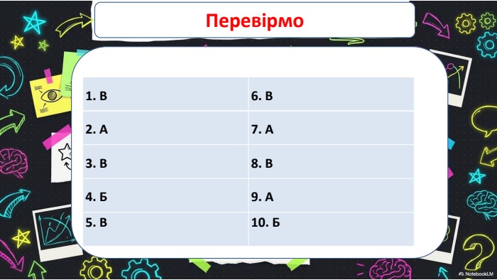 Перевірмо{5 C22544 A-7 EE6-4342-B048-85 BDC9 FD1 C3 A}1. В6. В2. А7. А3. В8. В4. Б9. А5. В10. Б