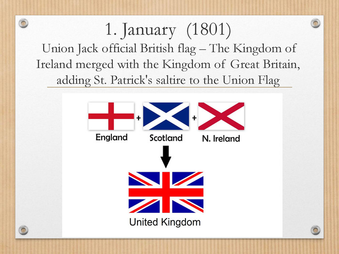 1. January (1801) Union Jack official British flag – The Kingdom of Ireland merged with the Kingdom of Great Britain, adding St. Patrick's saltire to the Union Flag