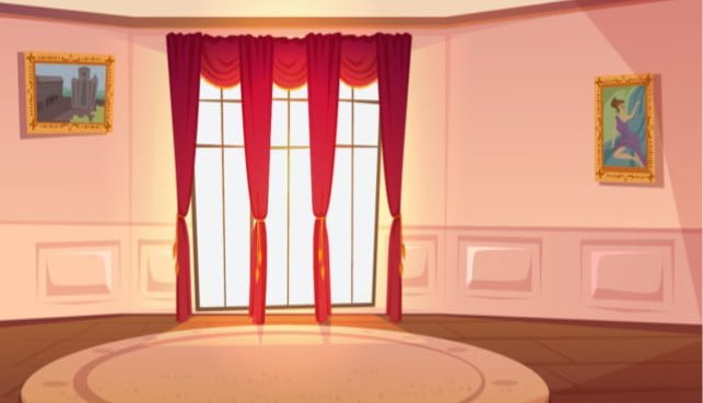 Empty Unfurnished Living Room Cartoon, Red, Curtain, Window Background  Image for Free Download