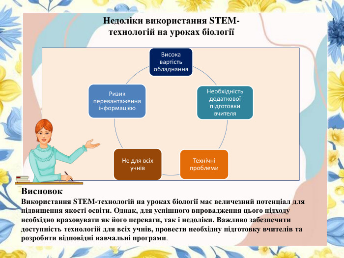 Висновок. Використання STEM-технологій на уроках біології має величезний потенціал для підвищення якості освіти. Однак, для успішного впровадження цього підходу необхідно враховувати як його переваги, так і недоліки. Важливо забезпечити доступність технологій для всіх учнів, провести необхідну підготовку вчителів та розробити відповідні навчальні програми. Недоліки використання STEM-технологій на уроках біології