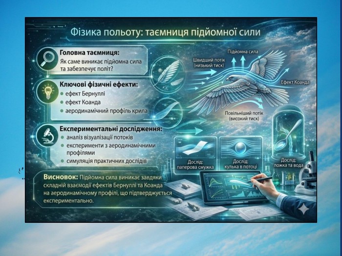 Слайд 6. Фізика: як виникає підйомна силаефект Бернулліефект Коандатурбулентністьаеродинамічний профіль крила. Практичні досліди:паперова смужка, кулька в потоці повітря, ложка та вода.