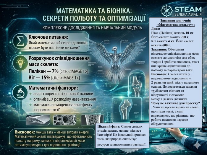 Завдання для учнів «Математика польоту»: Дано: Птах (Пелікан) важить 10 кг. Його скелет важить 700 г. Кіт важить 4 кг. Його скелет важить 600 г. Завдання: Обчислити відсоткове співвідношення маси скелета до маси тіла для обох тварин і зробити висновок, хто з них краще адаптований до польоту за параметром ваги. Висновок: Скелет птаха у відсотковому відношенні у 2 рази легший, ніж у наземного ссавця. Це досягається завдяки трубчастим кісткам та відсутності кісткового мозку в деяких ділянках. Чому це важливо для проєкту?. Учні не просто вірять на слово, що птахи легкі, а самі вираховують цю різницю, що робить висновок науково обґрунтованим. Цікавий факт: Скелет деяких птахів важить менше, ніж все їхнє пір'я! Це ідеальний приклад того, як природа оптимізує ресурси дляподолання гравітації.