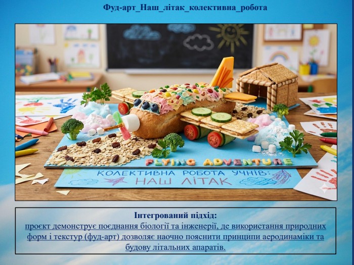 Інтегрований підхід: проєкт демонструє поєднання біології та інженерії, де використання природних форм і текстур (фуд-арт) дозволяє наочно пояснити принципи аеродинаміки та будову літальних апаратів. Фуд-арт_Наш_літак_колективна_робота