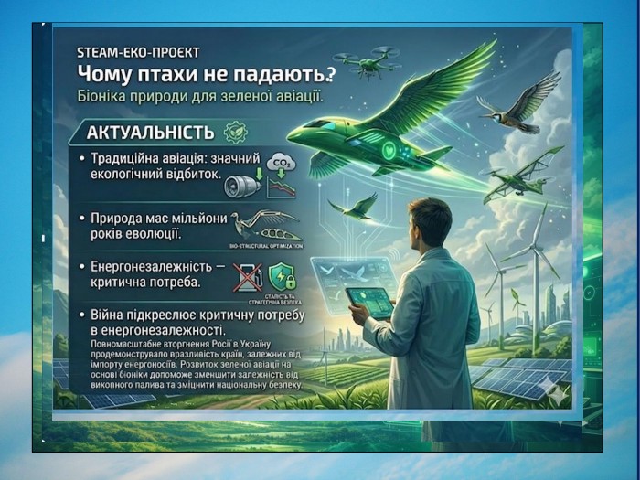 Слайд 2. Актуальність. Сучасна авіація:2–3% глобальних викидів CO₂шумове забрудненняпорушення шляхів міграції птахівзростання екологічних ризиків в умовах воєнних дій🔎 Питання: Чи може природа підказати екологічне рішення для авіації??