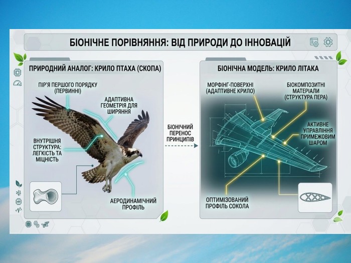 «СОЦІАЛЬНО-ЕКОНОМІЧНИЙ ЕФЕКТ» (або «ПЕРСПЕКТИВИ ВПРОВАДЖЕННЯ»)Екологічна ефективність. Зменшення викидів $CO_2$ та NOx; декарбонізація авіаційного сектору через впровадження біонічних технологій.Інженерний потенціал. Створення нового стандарту проєктування авіатехніки, що базується на гармонії з екосистемою. Освітня цінність. Популяризація STEAM-освіти; формування у молоді інженерного мислення, спрямованого на вирішення глобальних кліматичних викликів.