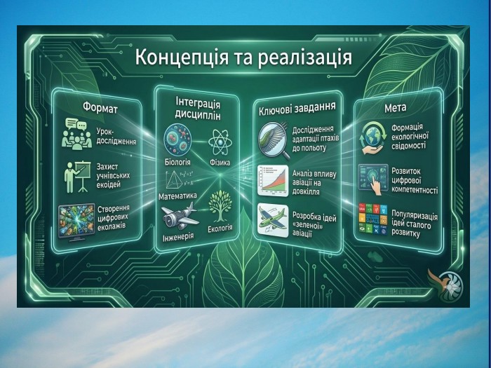 Опис: Проєкт інтегрує біологію, фізику, математику та інженерію з екологічною проблематикою. Учні досліджують адаптації птахів до польоту, аналізують вплив авіації на довкілля та створюють цифрові екоколажі з власними ідеями зеленої авіації. Робота спрямована на формування екологічної свідомості, розвиток цифрової компетентності та популяризацію ідей сталого розвитку.