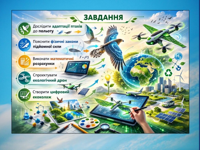 Слайд 4. Завданнядослідити адаптації птахів до польотупояснити фізичні закони підйомної силивиконати математичні розрахункиспроєктувати екологічний дронстворити цифровий екоколаж