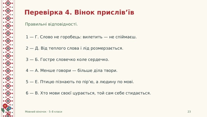 Перевірка 4. Вінок прислів’їв. Правильні відповідності. Мовний віночок · 5–8 класи231 — Г. Слово не горобець: вилетить — не спіймаєш.2 — Д. Від теплого слова і лід розмерзається.3 — Б. Гостре словечко коле сердечко.4 — А. Менше говори — більше діла твори.5 — Е. Птицю пізнають по пір’ю, а людину по мові.6 — В. Хто мови своєї цурається, той сам себе стидається.