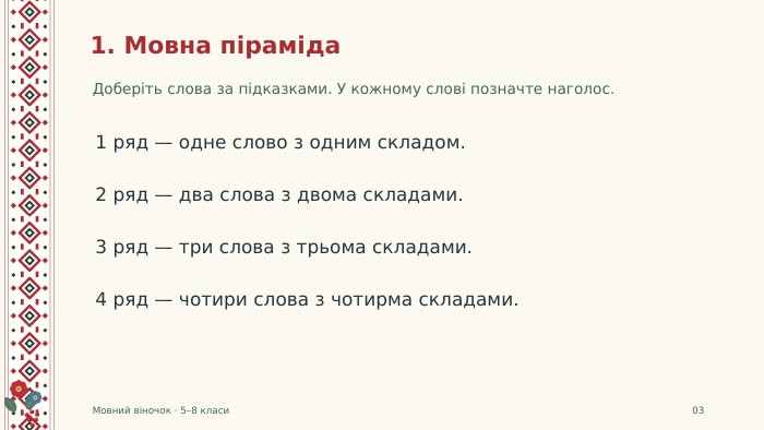 1. Мовна піраміда. Доберіть слова за підказками. У кожному слові позначте наголос. Мовний віночок · 5–8 класи031 ряд — одне слово з одним складом.2 ряд — два слова з двома складами.3 ряд — три слова з трьома складами.4 ряд — чотири слова з чотирма складами.