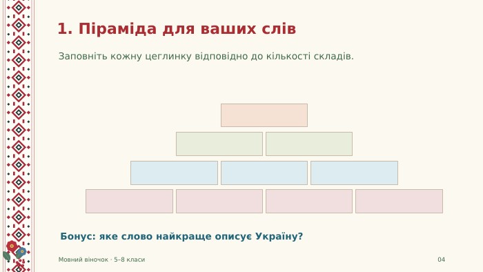 1. Піраміда для ваших слів. Заповніть кожну цеглинку відповідно до кількості складів. Мовний віночок · 5–8 класи04 Бонус: яке слово найкраще описує Україну?