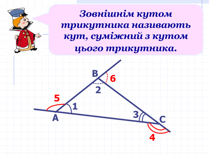 Зовнішнім кутом трикутника називають кут, суміжний з кутом цього трикутника.  А В С 1 2 3 4 5 6 