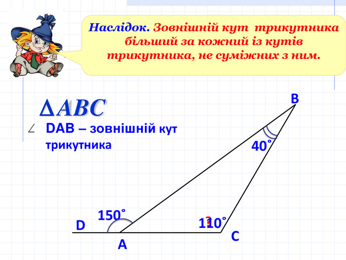 ABC D         DAB – зовнішній кут          трикутника D С В 150˚ А 40˚ ? 110˚ Наслідок. Зовнішній кут  трикутника більший за кожний із кутів трикутника, не суміжних з ним.   