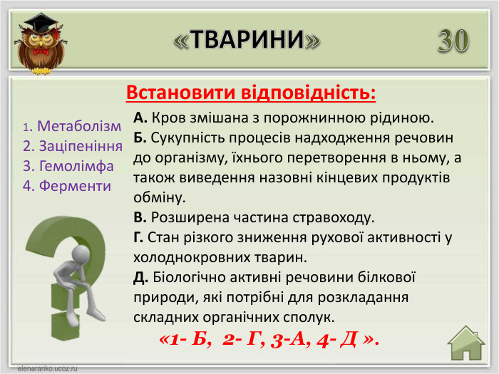 30 Встановити відповідність:«ТВАРИНИ»«1- Б, 2- Г, 3-А, 4- Д ».1. Метаболізм2. Заціпеніння3. Гемолімфа4. Ферменти. А. Кров змішана з порожнинною рідиною. Б. Сукупність процесів надходження речовин до організму, їхнього перетворення в ньому, а також виведення назовні кінцевих продуктів обміну. В. Розширена частина стравоходу. Г. Стан різкого зниження рухової активності у холоднокровних тварин. Д. Біологічно активні речовини білкової природи, які потрібні для розкладання складних органічних сполук.