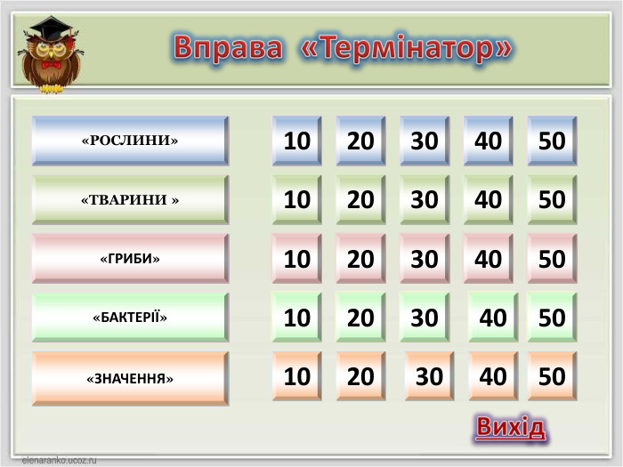 10203040501020304050102030405010203040501020304050«Рослини»«ЗНАЧЕННЯ»«БАКТЕРІЇ»«Тварини »«ГРИБИ»Вправа «Термінатор»Вихід style.opacitystyle.opacitystyle.opacitystyle.opacitystyle.opacitystyle.opacitystyle.opacitystyle.opacitystyle.opacitystyle.opacitystyle.opacitystyle.opacitystyle.opacitystyle.opacitystyle.opacitystyle.opacitystyle.opacitystyle.opacitystyle.opacitystyle.opacitystyle.opacitystyle.opacitystyle.opacitystyle.opacitystyle.opacity