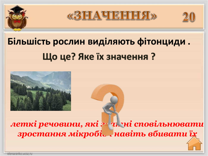 20 Більшість рослин виділяють фітонциди . Що це? Яке їх значення ?леткі речовини, які здатні сповільнювати зростання мікробів і навіть вбивати їх«ЗНАЧЕННЯ»