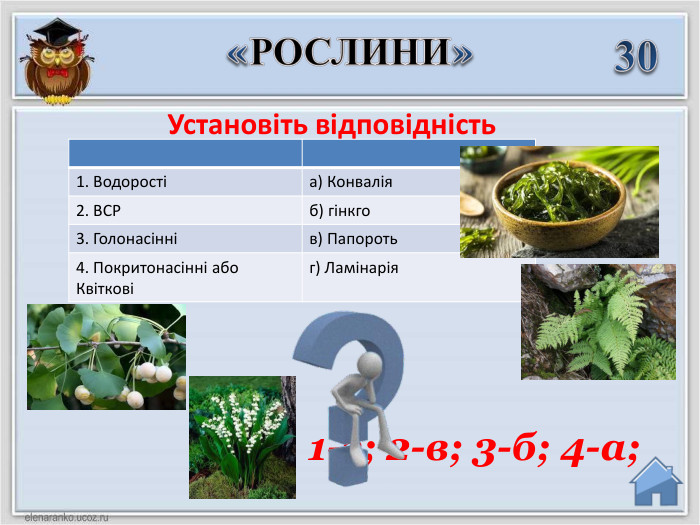 301-г; 2-в; 3-б; 4-а;«РОСЛИНИ»Установіть відповідність{5 C22544 A-7 EE6-4342-B048-85 BDC9 FD1 C3 A}1. Водоростіа) Конвалія 2. ВСРб) гінкго 3. Голонасіннів) Папороть 4. Покритонасінні або Квітковіг) Ламінарія 