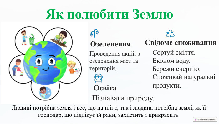 Як полюбити Землю. Озеленення. Проведення акцій з озеленення міст та територій. Свідоме споживання. Сортуй сміття. Економ воду. Бережи енергію. Споживай натуральні продукти. Освіта. Пізнавати природу. Людині потрібна земля і все, що на ній є, так і людина потрібна землі, як її господар, що підлікує їй рани, захистить і прикрасить. 