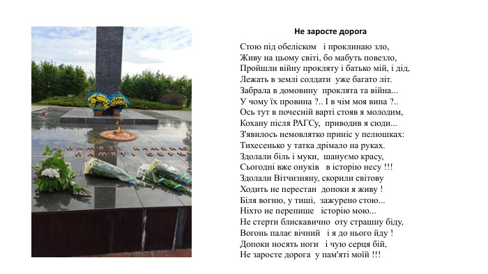  Не заросте дорога. Стою під обеліском і проклинаю зло,Живу на цьому світі, бо мабуть повезло,Пройшли війну прокляту і батько мій, і дід,Лежать в землі солдати уже багато літ. Забрала в домовину проклята та війна... У чому їх провина ?.. І в чім моя вина ?.. Ось тут в почесній варті стояв я молодим,Кохану після РАГСу, приводив я сюди... З'явилось немовлятко приніс у пелюшках: Тихесенько у татка дрімало на руках. Здолали біль і муки, шануємо красу,Сьогодні вже онуків в історію несу !!!Здолали Вітчизняну, скорили світову. Ходить не перестан допоки я живу !Біля вогню, у тиші, зажурено стою... Ніхто не перепише історію мою... Не стерти блискавично оту страшну біду,Вогонь палає вічний і я до нього йду !Допоки носять ноги і чую серця бій,Не заросте дорога у пам'яті моїй !!!
