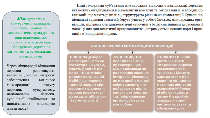 Міжнародними відносинами називають політичні, економічні, дипломатичні, культурні та інші відносини, що виникають між державами або групами держав, їх світовими та регіональними організаціями. Через міжнародні відносини держави реалізовують власні національні інтереси: забезпечення вигідного міжнародного статусу держави, суверенітету, національної безпеки, суспільної стабільності та цивілізованих стандартів життя людей.