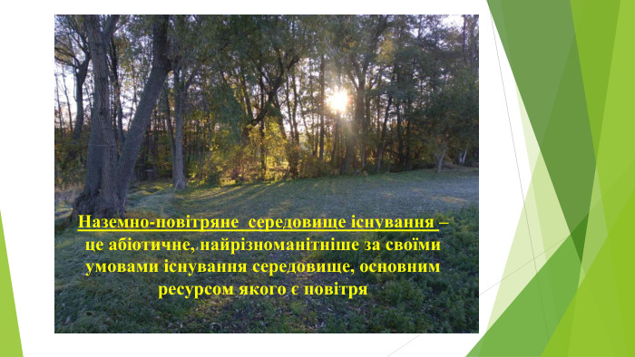 Наземно-повітряне середовище існування – це абіотичне, найрізноманітніше за своїми умовами існування середовище, основним ресурсом якого є повітря
