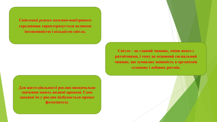 Світловий режим наземно-повітряного середовища характеризується великою інтенсивністю і кількістю світла. Світло – це єдиний чинник, зміни якого є ритмічними, і тому це основний сигнальний чинник, що зумовлює наявність в організмів сезонних і добових ритмів. Для життєдіяльності рослин визначальне значення мають видимі промені. Саме завдяки їм у рослин відбувається процес фотосинтезу.