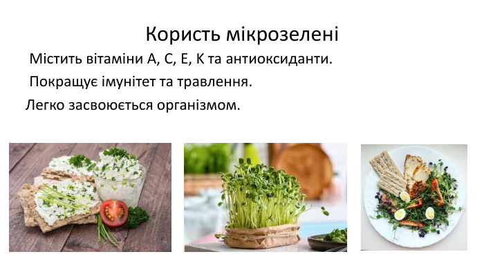 Користь мікрозелені Містить вітаміни A, C, E, K та антиоксиданти. Покращує імунітет та травлення. Легко засвоюється організмом.