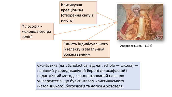 Аверроес (1126—1198)Єдність індивідуального інтелекту із загальним божественним. Критикував креаціонізм (створення світу з нічого)Філософія - молодша сестра релігіїСхола́стика (лат. Scholactica, від лат. schola — школа) — панівний у середньовічній Європі філософський і педагогічний метод, сконцентрований навколо університетів, що був синтезом християнського (католицького) богослов'я та логіки Арістотеля.