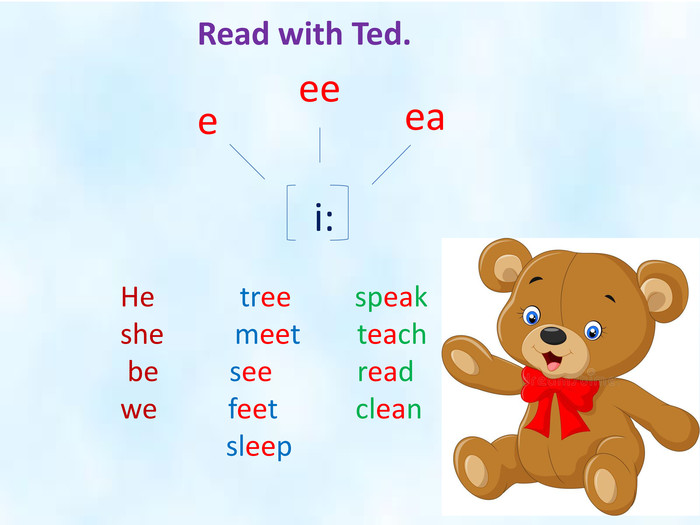 eeeeai: He tree speakshe meet teach be see readwe feet clean sleep Read with Ted.