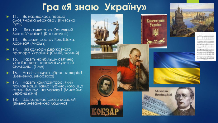 Гра «Я знаю Україну»11.	Як називалась перша слов’янська держава? (Київська Русь)12. Як називається Основний Закон України? (Конституція)13.	Як звали сестру Кия, Щека, Хорива? (Либідь)14. Які кольори Державного прапора України? (Синій, жовтий)15.	Назвіть найбільшу святиню українського народу в музичній символіці. (Гімн) 16.	Назвіть велике зібрання творів Т. Шевченка. («Кобзар»)17.	Назвіть композитора, який поклав вірші Павла Чубинського, що стали гімном, на музику? (Михайло Вербицький)18.	Що означає слово «козак»? (Вільна ,незалежна людина)