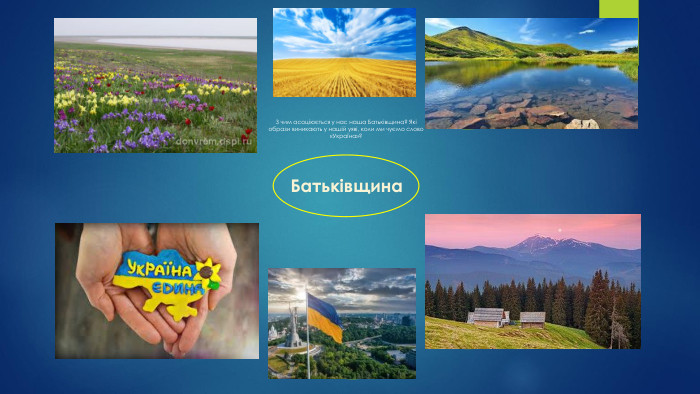 Батьківщина. З чим асоціюється у нас наша Батьківщина? Які образи виникають у нашій уяві, коли ми чуємо слово «Україна»? 