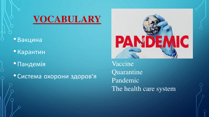 Vocabulary. Вакцина Карантин. Пандемія. Система охорони здоров’я. Vaccine. Quarantine. Pandemic. The health care system