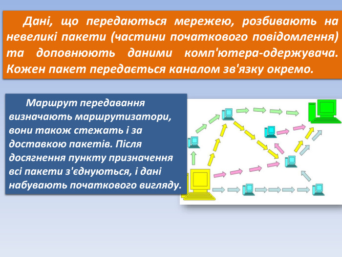 Дані, що передаються мережею, розбивають на невеликі пакети (частини початкового повідомлення) та доповнюють даними комп'ютера-одержувача. Кожен пакет передається каналом зв'язку окремо. Маршрут передавання визначають маршрутизатори, вони також стежать і за доставкою пакетів. Після досягнення пункту призначення всі пакети з'єднуються, і дані набувають початкового вигляду.