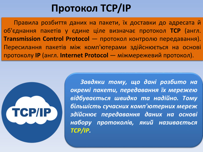Правила розбиття даних на пакети, їх доставки до адресата й об'єднання пакетів у єдине ціле визначає протокол TCP (англ. Transmission Control Protocol — протокол контролю передавання). Пересилання пакетів між комп'ютерами здійснюється на основі протоколу IP (англ. Internet Protocol — міжмережевий протокол). Завдяки тому, що дані розбито на окремі пакети, передавання їх мережею відбувається швидко та надійно. Тому більшість сучасних комп'ютерних мереж здійснює передавання даних на основі набору протоколів, який називається TCP/IP. Протокол TCP/IP