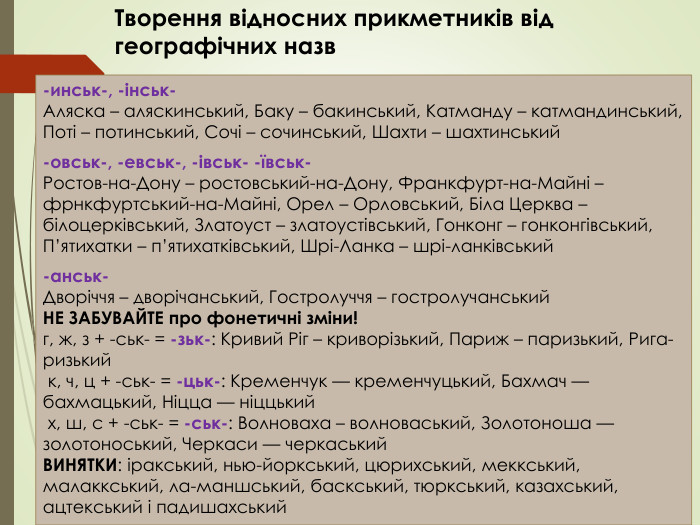 -инськ-, -інськ-Аляска – аляскинський, Баку – бакинський, Катманду – катмандинський, Поті – потинський, Сочі – сочинський, Шахти – шахтинський-овськ-, -евськ-, -івськ- -ївськ-Ростов-на-Дону – ростовський-на-Дону, Франкфурт-на-Майні –фрнкфуртський-на-Майні, Орел – Орловський, Біла Церква – білоцерківський, Златоуст – златоустівський, Гонконг – гонконгівський, П’ятихатки – п’ятихатківський, Шрі-Ланка – шрі-ланківський-анськ-Дворіччя – дворічанський, Гостролуччя – гостролучанський. НЕ ЗАБУВАЙТЕ про фонетичні зміни!г, ж, з + -ськ- = -зьк-: Кривий Ріг – криворізький, Париж – паризький, Рига- ризький к, ч, ц + -ськ- = -цьк-: Кременчук — кременчуцький, Бахмач — бахмацький, Ніцца — ніццький х, ш, с + -ськ- = -ськ-: Волноваха – волноваський, Золотоноша — золотоноський, Черкаси — черкаський. ВИНЯТКИ: іракський, нью-йоркський, цюрихський, меккський, малаккський, ла-маншський, баскський, тюркський, казахський, ацтекський і падишахський. Творення відносних прикметників від географічних назв