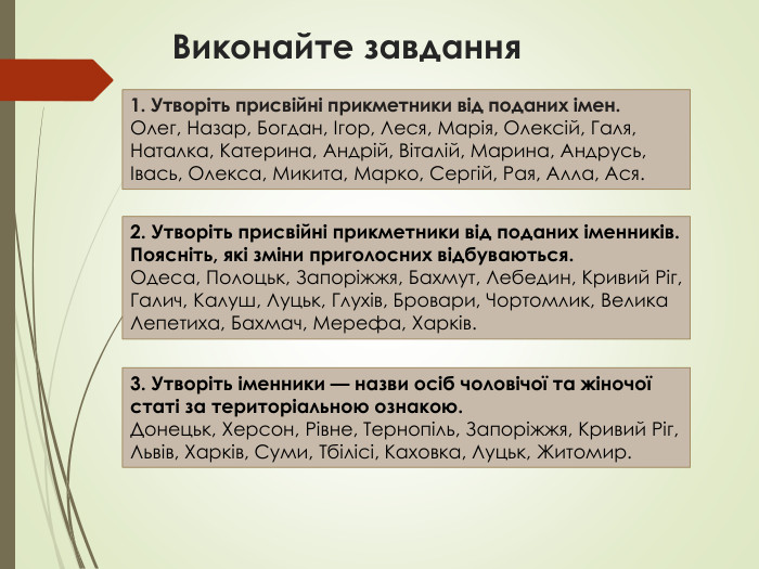 Виконайте завдання1. Утворіть присвійні прикметники від поданих імен. Олег, Назар, Богдан, Ігор, Леся, Марія, Олексій, Галя, Наталка, Катерина, Андрій, Віталій, Марина, Андрусь, Івась, Олекса, Микита, Марко, Сергій, Рая, Алла, Ася.2. Утворіть присвійні прикметники від поданих іменників. Поясніть, які зміни приголосних відбуваються. Одеса, Полоцьк, Запоріжжя, Бахмут, Лебедин, Кривий Ріг, Галич, Калуш, Луцьк, Глухів, Бровари, Чортомлик, Велика Лепетиха, Бахмач, Мерефа, Харків.3. Утворіть іменники — назви осіб чоловічої та жіночої статі за територіальною ознакою. Донецьк, Херсон, Рівне, Тернопіль, Запоріжжя, Кривий Ріг, Львів, Харків, Суми, Тбілісі, Каховка, Луцьк, Житомир.