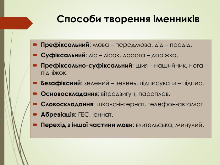 Способи творення iменникiв. Префiксальний: мова – передмова, дiд – прадiд. Суфiксальний: лiс – лiсок, дорога – дорiжка. Префiксально-суфiксальний: шия – нашийник, нога – пiднiжок. Безафiксний: зелений – зелень, пiдписувати – пiдпис. Основоскладання: вiтродвигун, пароплав. Словоскладання: школа-iнтернат, телефон-автомат. Абревiацiя: ГЕС, юннат. Перехiд з iншої частини мови: вчительська, минулий.