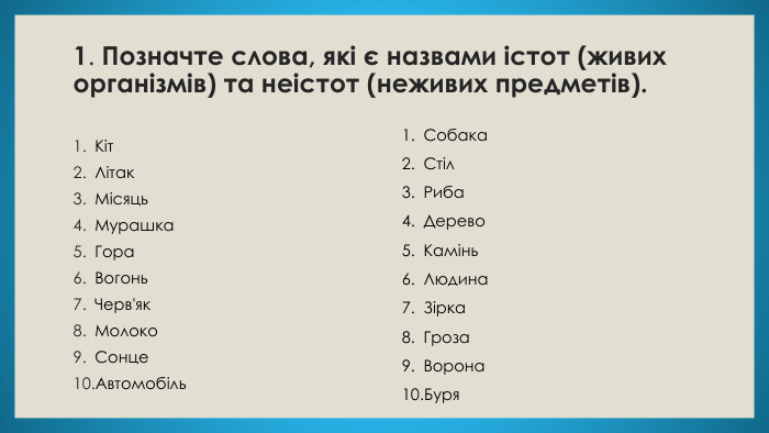 1. Позначте слова, які є назвами істот (живих організмів) та неістот (неживих предметів). Кіт. Літак. Місяць. Мурашка. Гора. Вогонь. Черв'як. Молоко. Сонце. Автомобіль. Собака. Стіл. Риба. Дерево. Камінь. Людина. Зірка. Гроза. Ворона. Буря