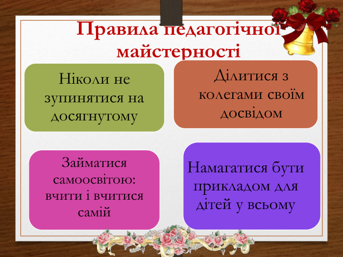 Правила педагогічної майстерностіНіколи не зупинятися на досягнутому. Ділитися з колегами своїм досвідом. Займатися самоосвітою: вчити і вчитися самій. Намагатися бути прикладом для дітей у всьому